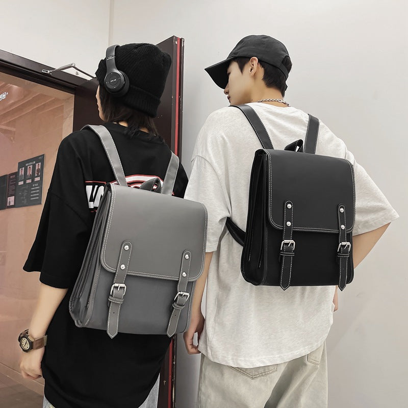 Solid-color Motorcycle-style Buckle Laptop Everyday Business Backpack